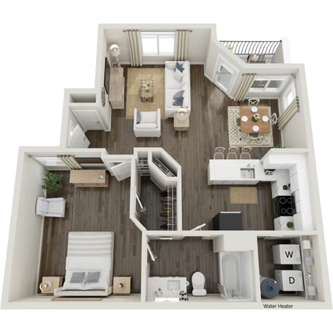 Floor plan for 1 bed, 1 bath, 800 sqft